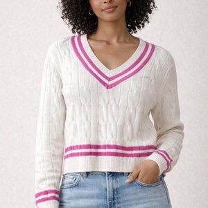 Olivaceous V-Neck Sweater - Cream and Pink
